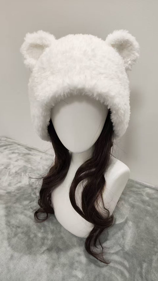 Pure White Bear Hat – Handmade Fluffy Crochet Beanie