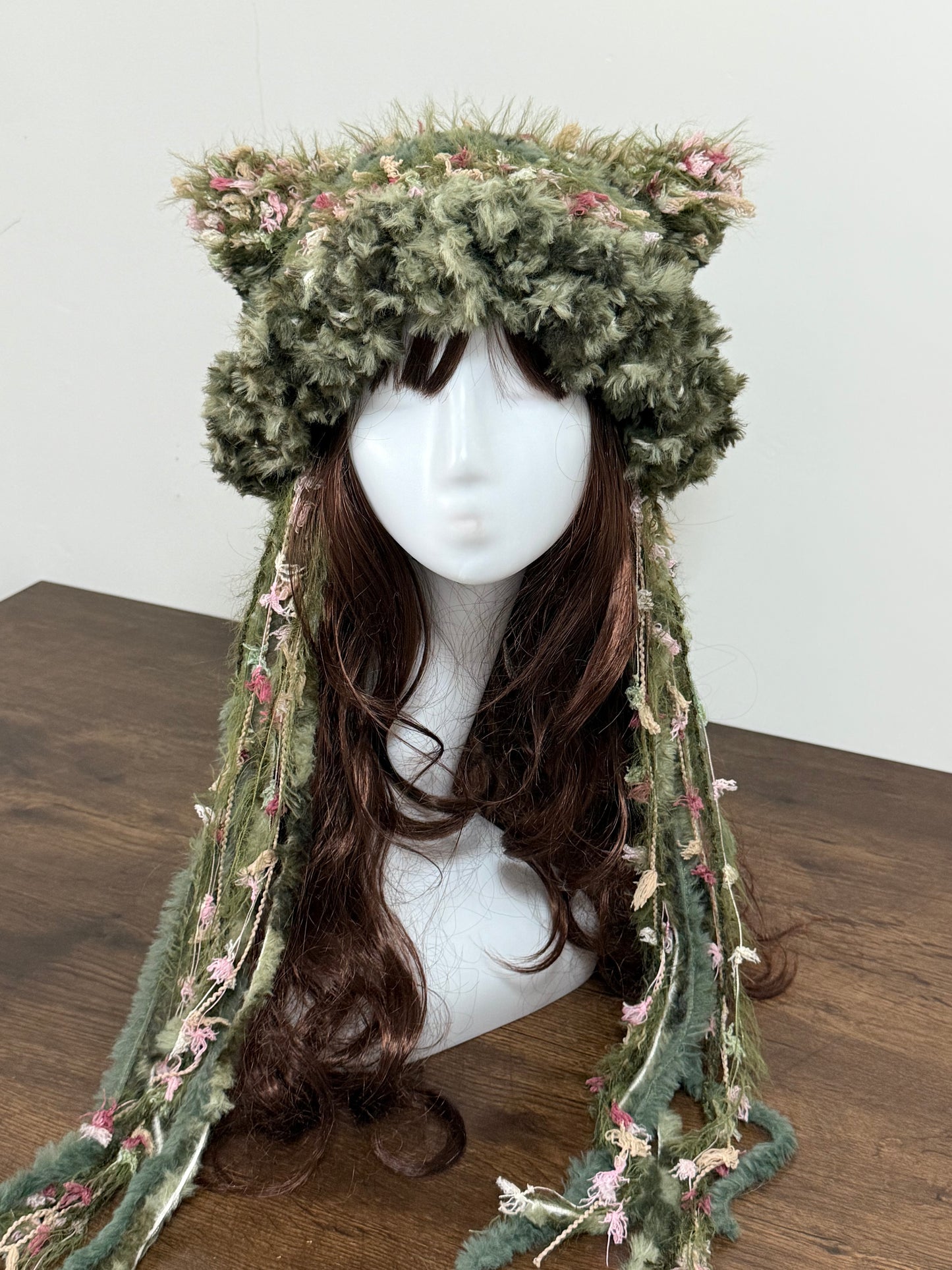 Emerald Forest Cat Ear Jellyfish Hat – Handmade Fluffy Green Beanie
