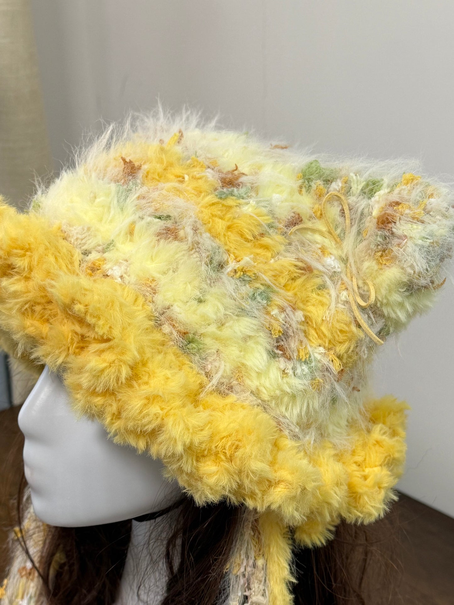 Egg Yolk Cat Ear Jellyfish Hat – Handmade Fluffy Yellow Beanie