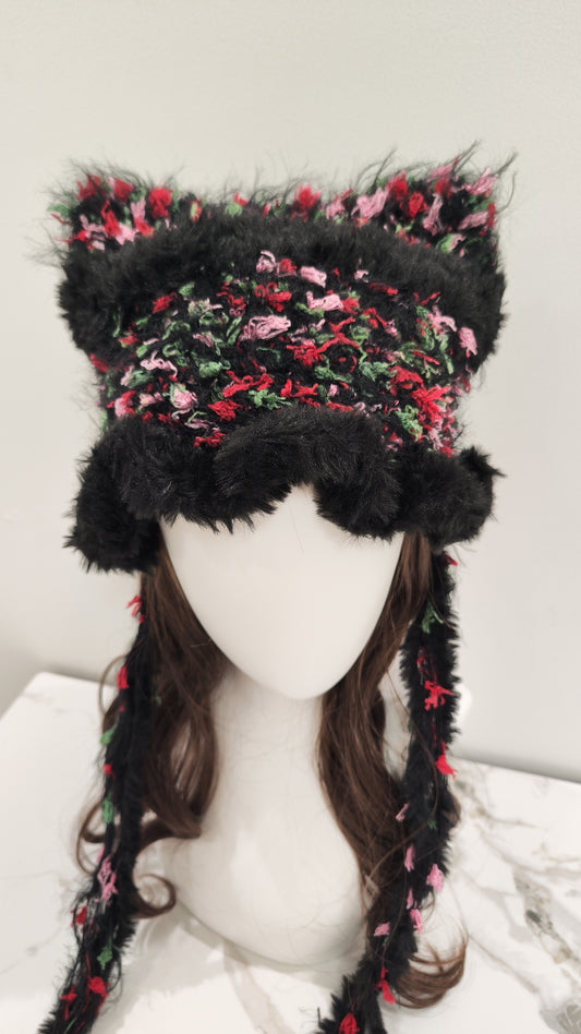 “Crimson Bloom” Cat Ear Jellyfish Hat – Red & Black Floral Mixed Yarn Beanie