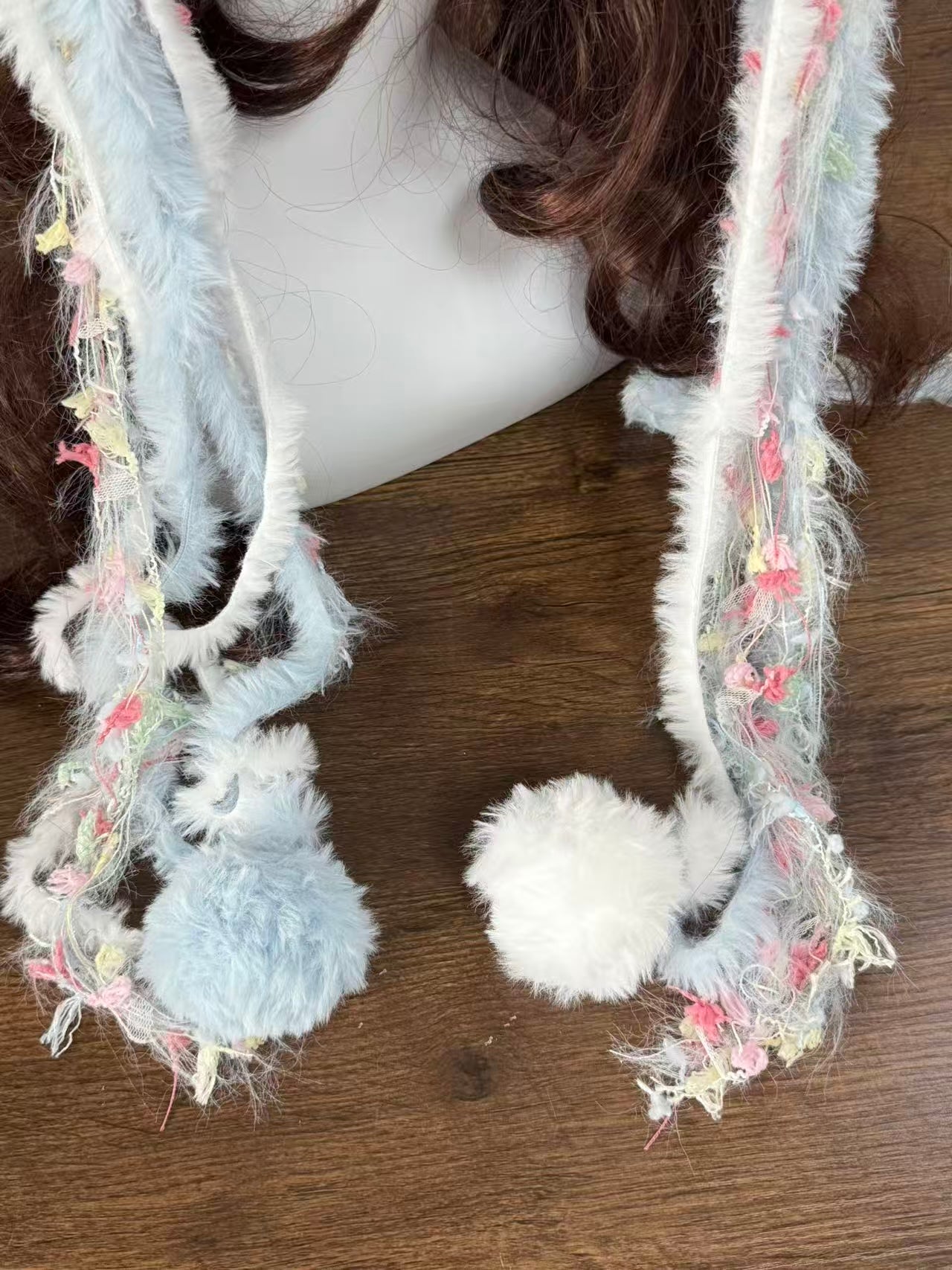 Blue and White Cat Ear Jellyfish Hat with Pom Poms – Handmade Fluffy Winter Beanie