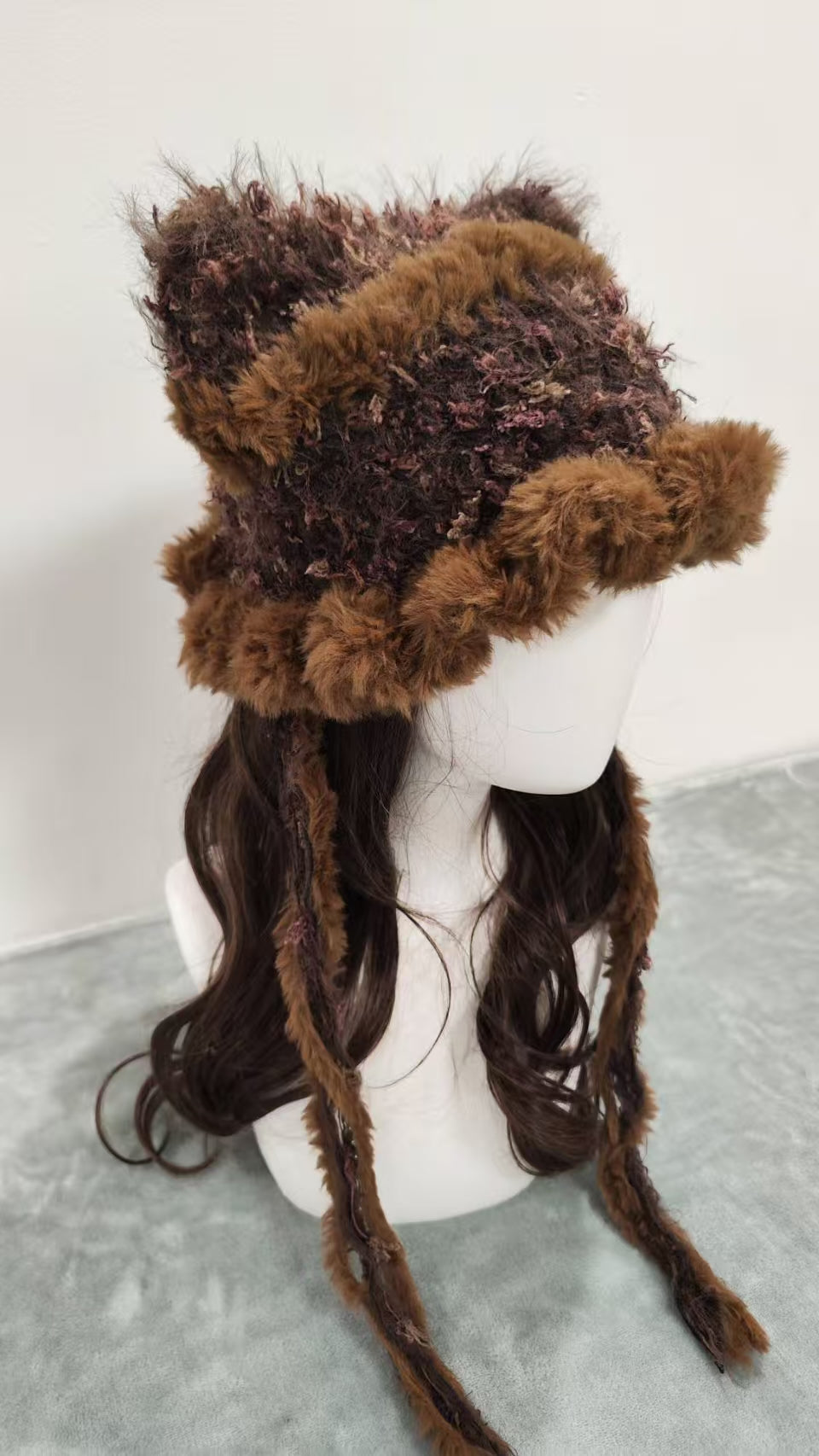 Caramel Latte Brown Cat Ear Jellyfish Hat – Handmade Mixed Yarn Crochet Beanie