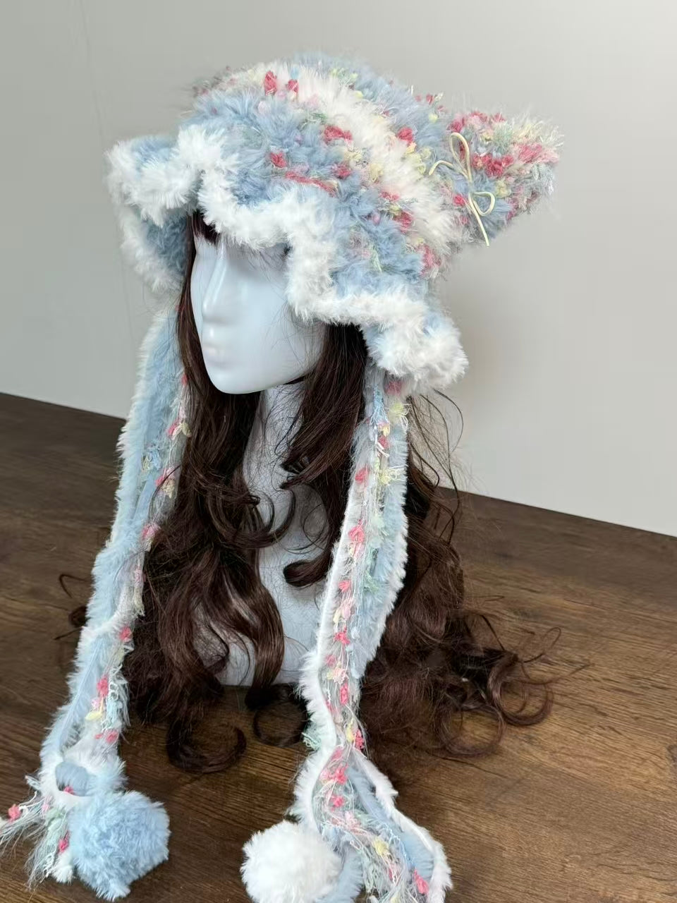 Blue and White Cat Ear Jellyfish Hat with Pom Poms – Handmade Fluffy Winter Beanie
