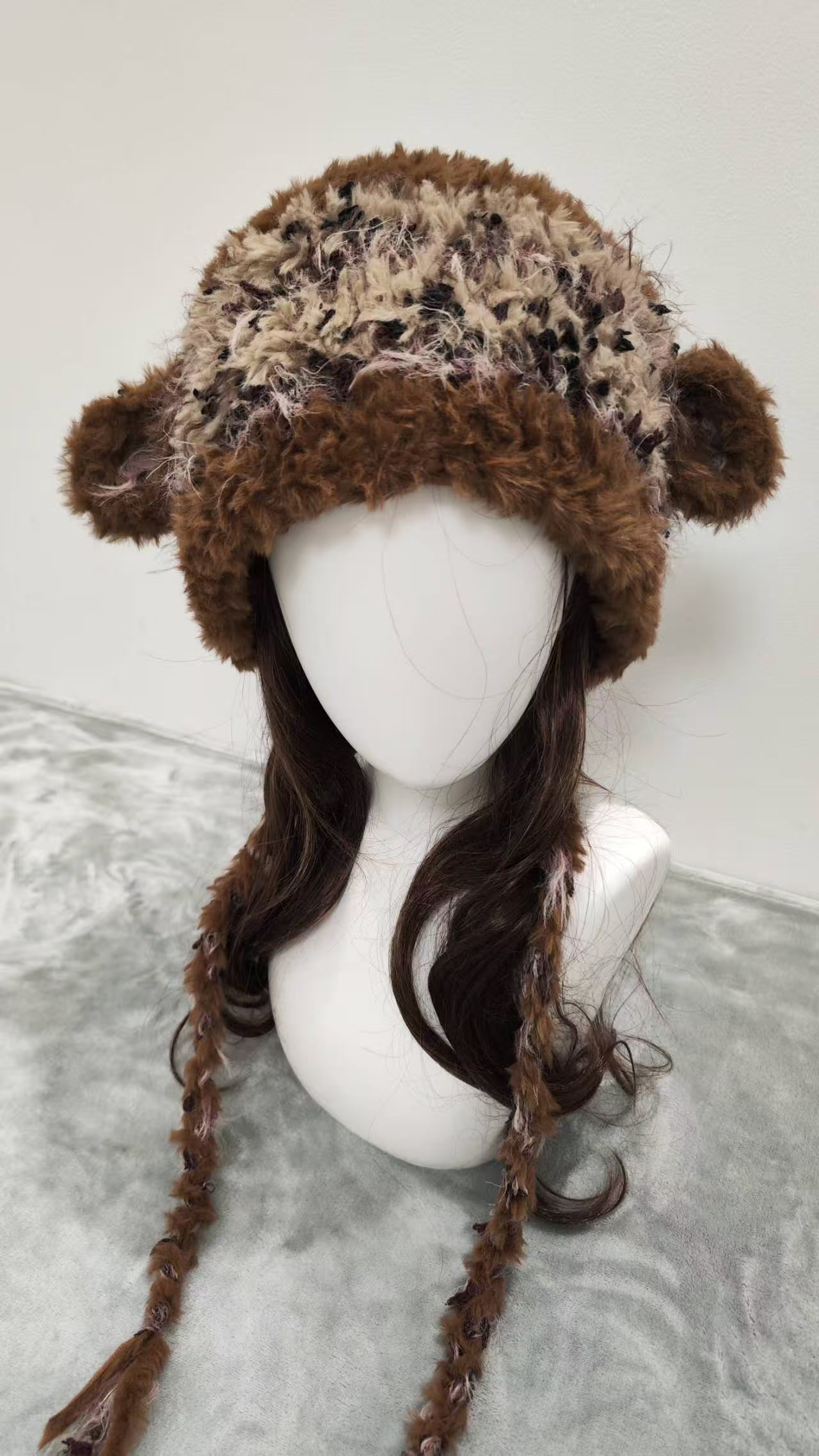 Brown Sheep Ear Crochet Beanie – Handmade Mixed Yarn Wool Hat