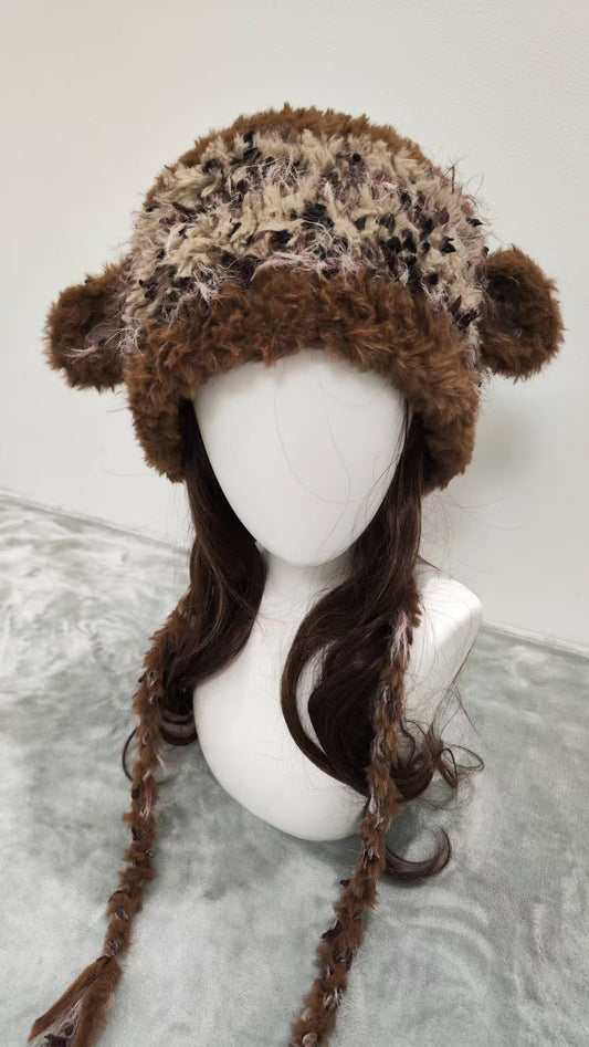 Brown Sheep Ear Crochet Beanie – Handmade Mixed Yarn Wool Hat