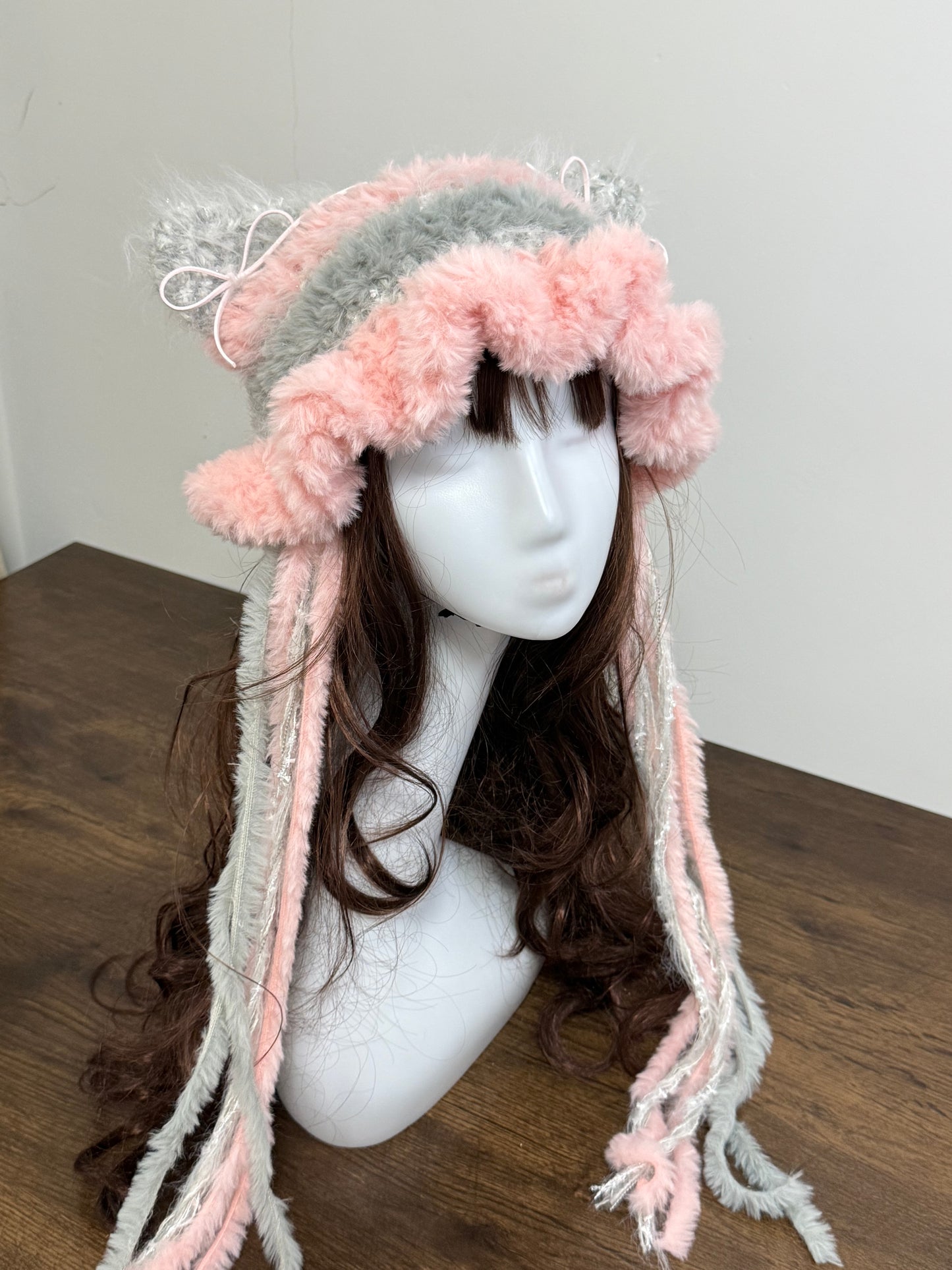 Light Gray and Blush Pink Cat Ear Jellyfish Hat – Handmade Fluffy Beanie