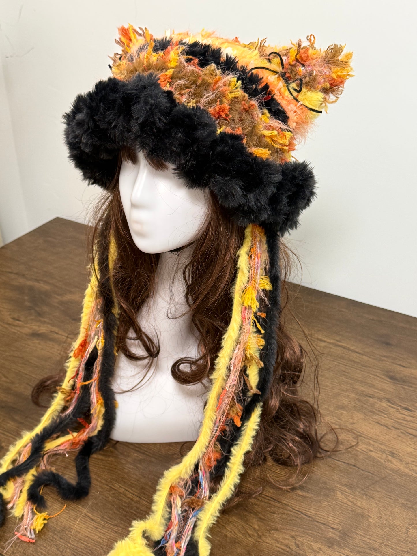 Yellow Black Cat Ear Jellyfish Hat with Pom Poms – Handmade Fluffy Crochet Beanie