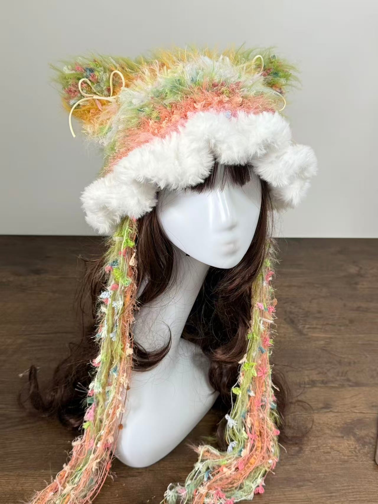 Watermelon Soda Cat Ear Jellyfish Hat – Handmade Fluffy Mixed Yarn Beanie