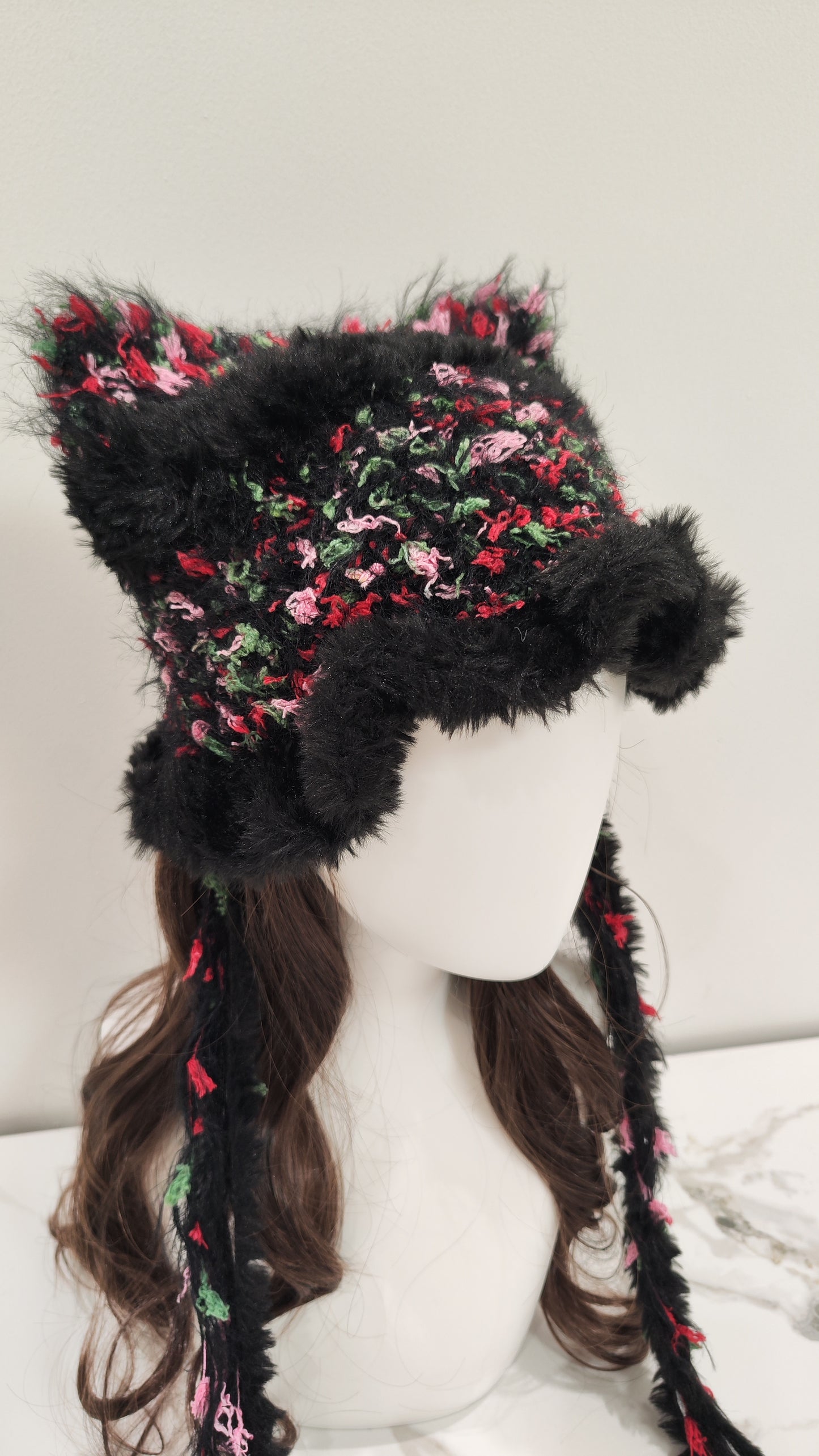 “Crimson Bloom” Cat Ear Jellyfish Hat – Red & Black Floral Mixed Yarn Beanie