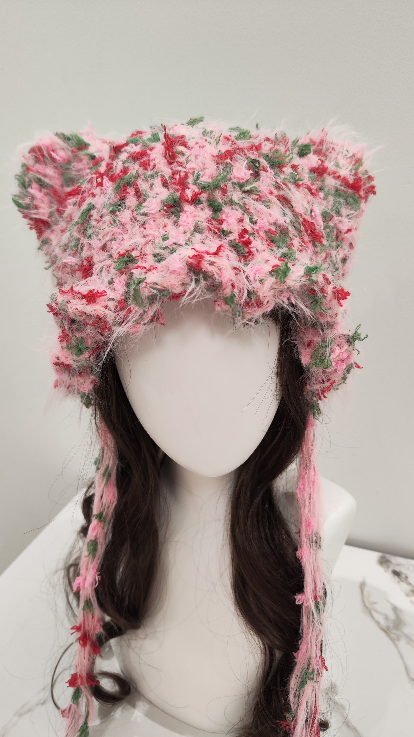 “Strawberry Cream” Cat Ear Beanie – Pink Mixed Yarn Hat