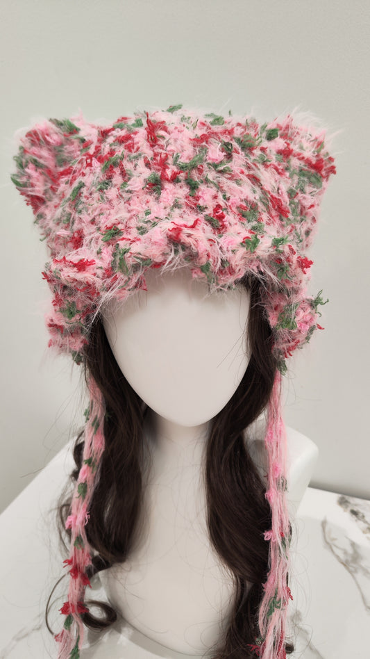 “Strawberry Cream” Cat Ear Beanie – Pink Mixed Yarn Hat