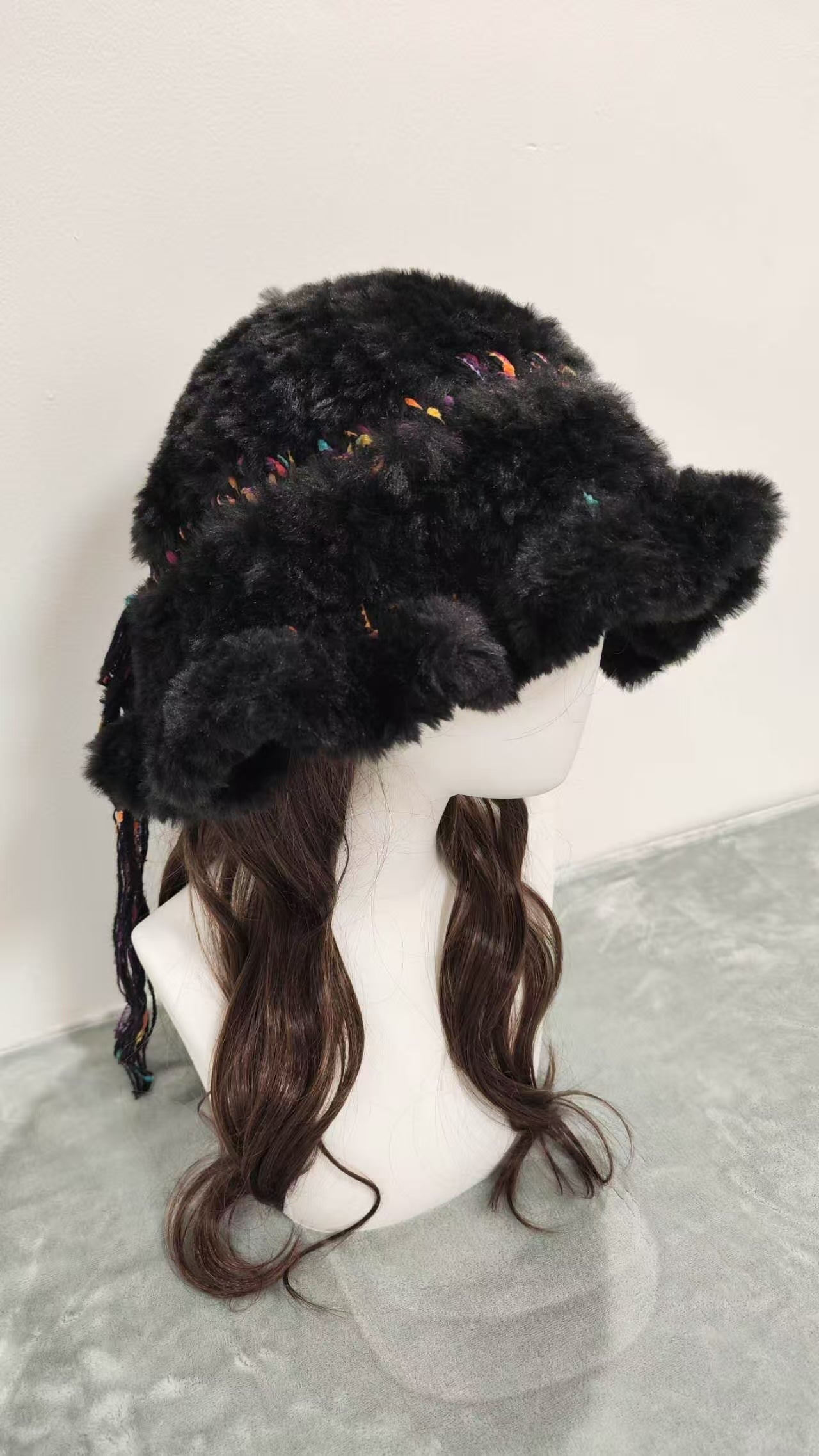 Wide Ruffle Edge Faux Mink Hat – Handmade Soft Winter Beanie, Elegant Cozy Knit Hat
