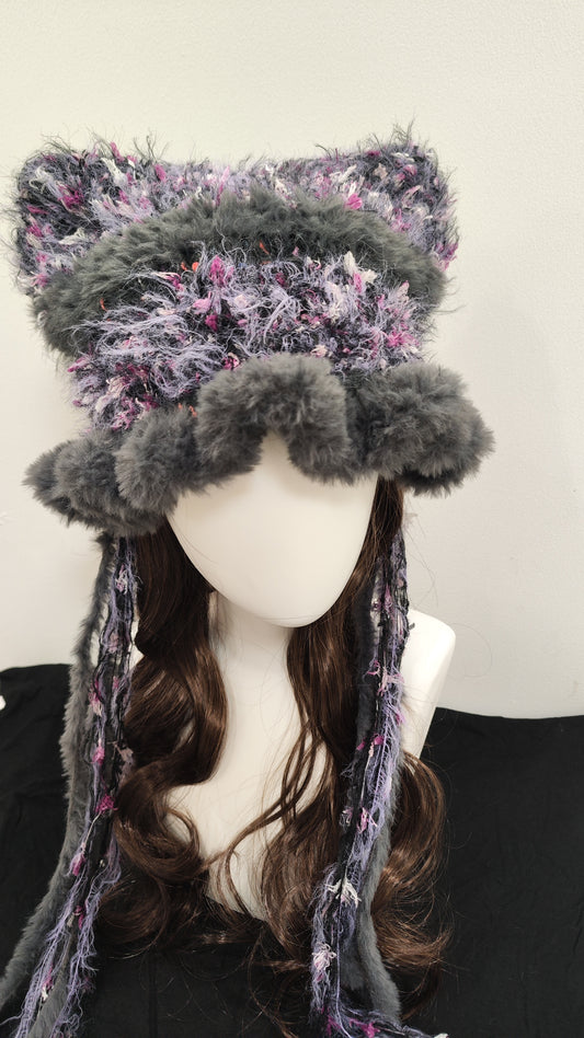“Twilight Mist” Cat Ear Jellyfish Hat – Purple & Gray Mixed Yarn Beanie