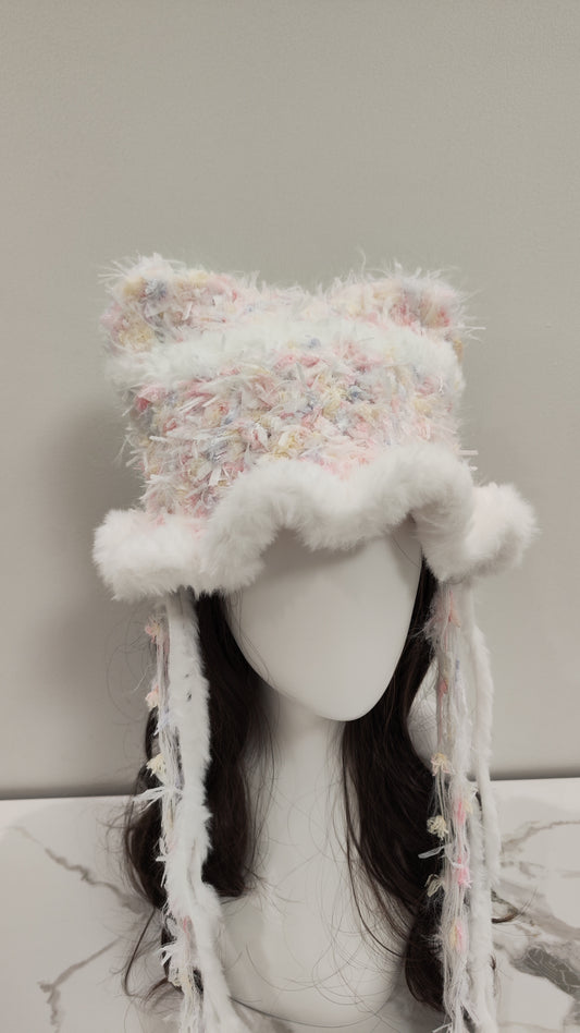 “Petal Whisper” Cat Ear Jellyfish Hat – White with Subtle Floral Mixed Yarn Beanie