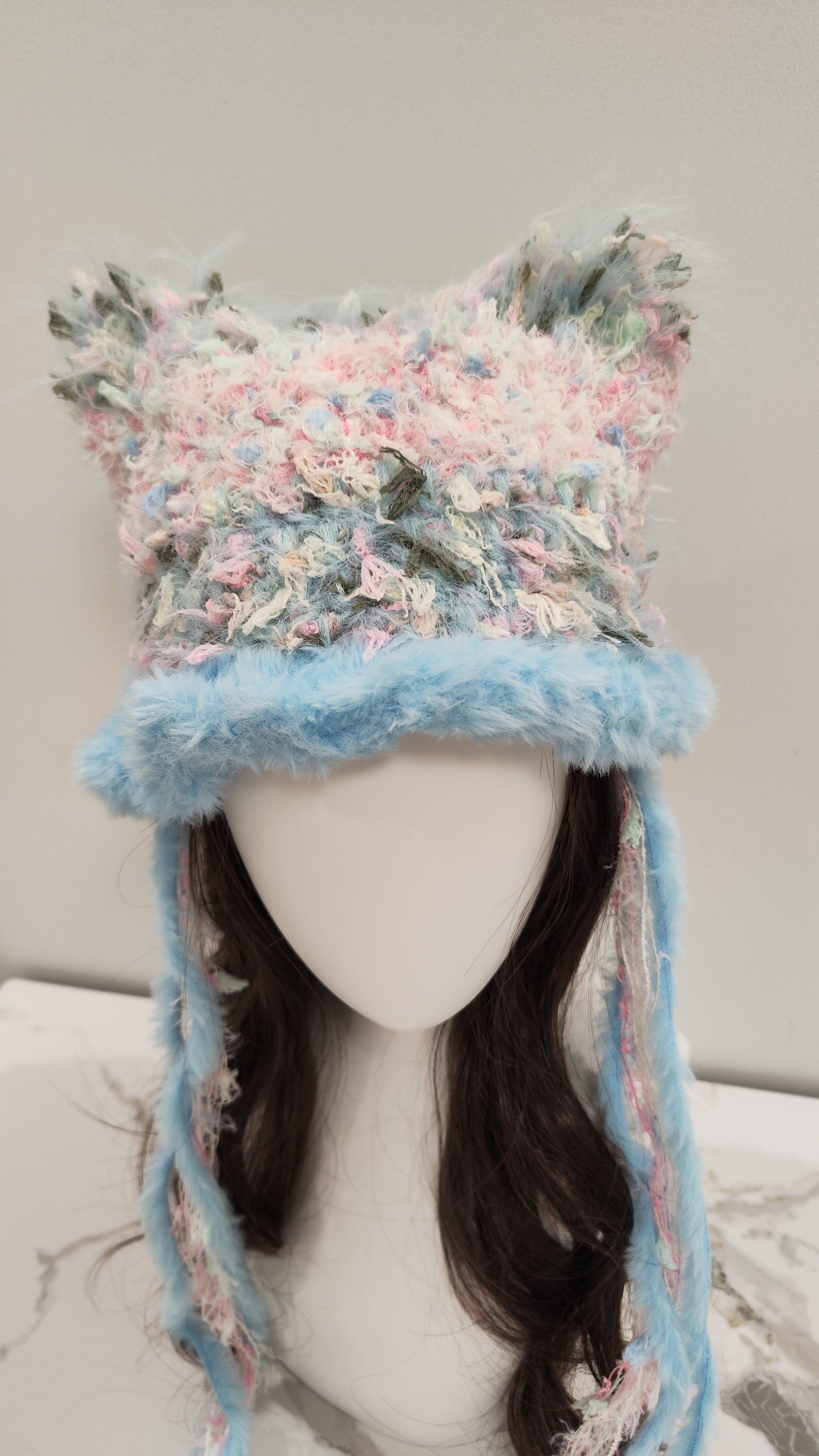 “Sky Whisper” Cat Ear Jellyfish Hat – Mixed Yarn with Baby Blue Trim