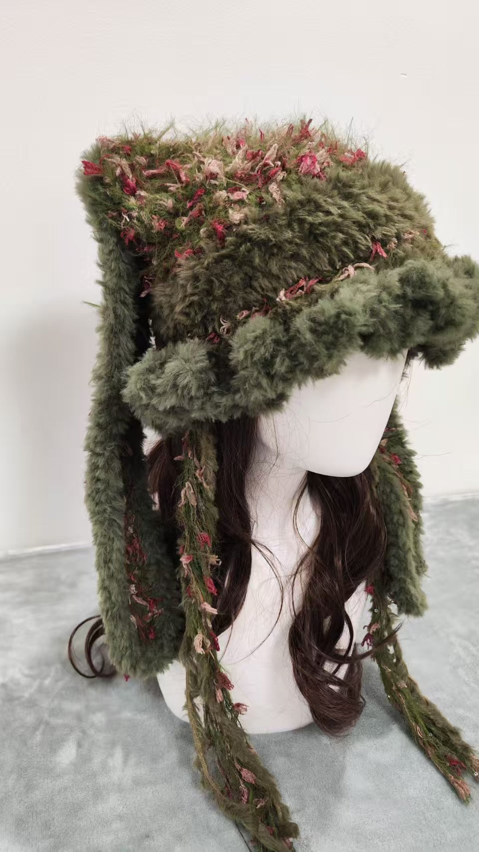 Mossy Brown Bunny Ear Beanie – Handmade Mixed Yarn Crochet Hat