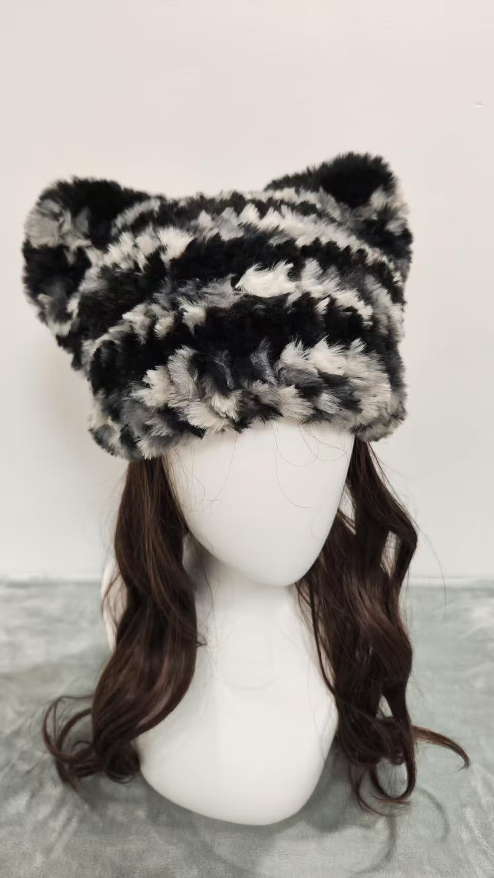 Black White Gray Camo Cat Ear Beanie – Handmade Mixed Yarn Fluffy Crochet Hat