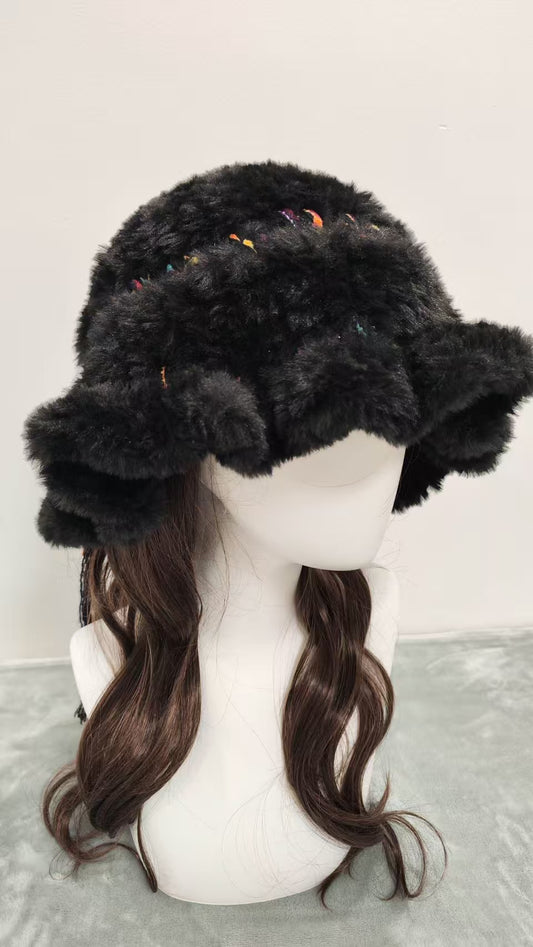Wide Ruffle Edge Faux Mink Hat – Handmade Soft Winter Beanie, Elegant Cozy Knit Hat