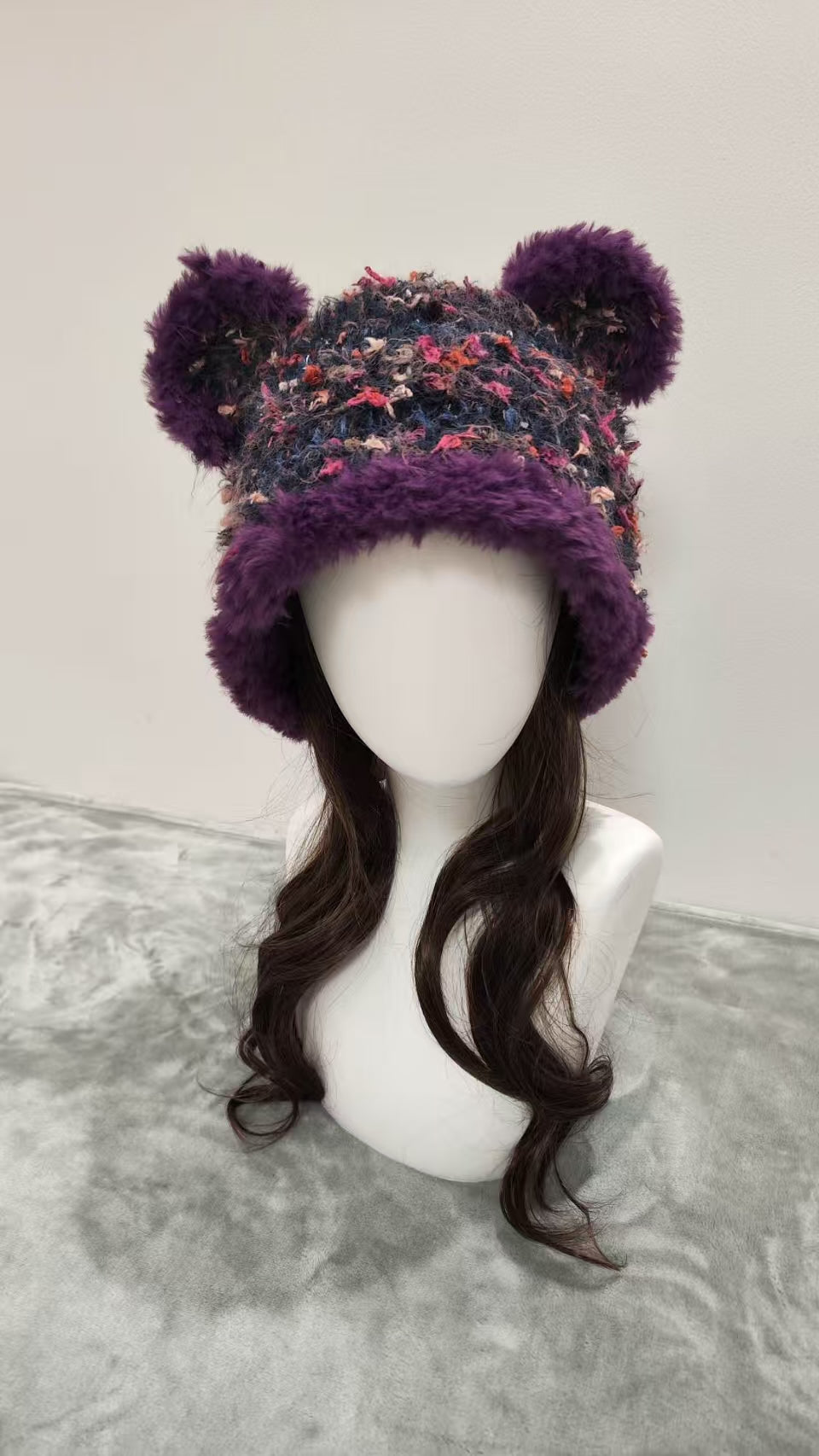 Midnight Fireworks Purple Bear Hat – Handmade Fluffy Mixed Yarn Beanie