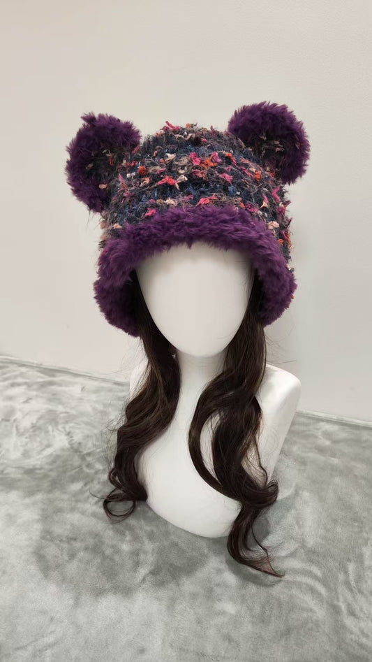 Midnight Fireworks Purple Bear Hat – Handmade Fluffy Mixed Yarn Beanie