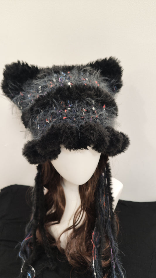 “Midnight Shadow” Cat Ear Jellyfish Hat – Black & Gray Gothic Mixed Yarn Beanie