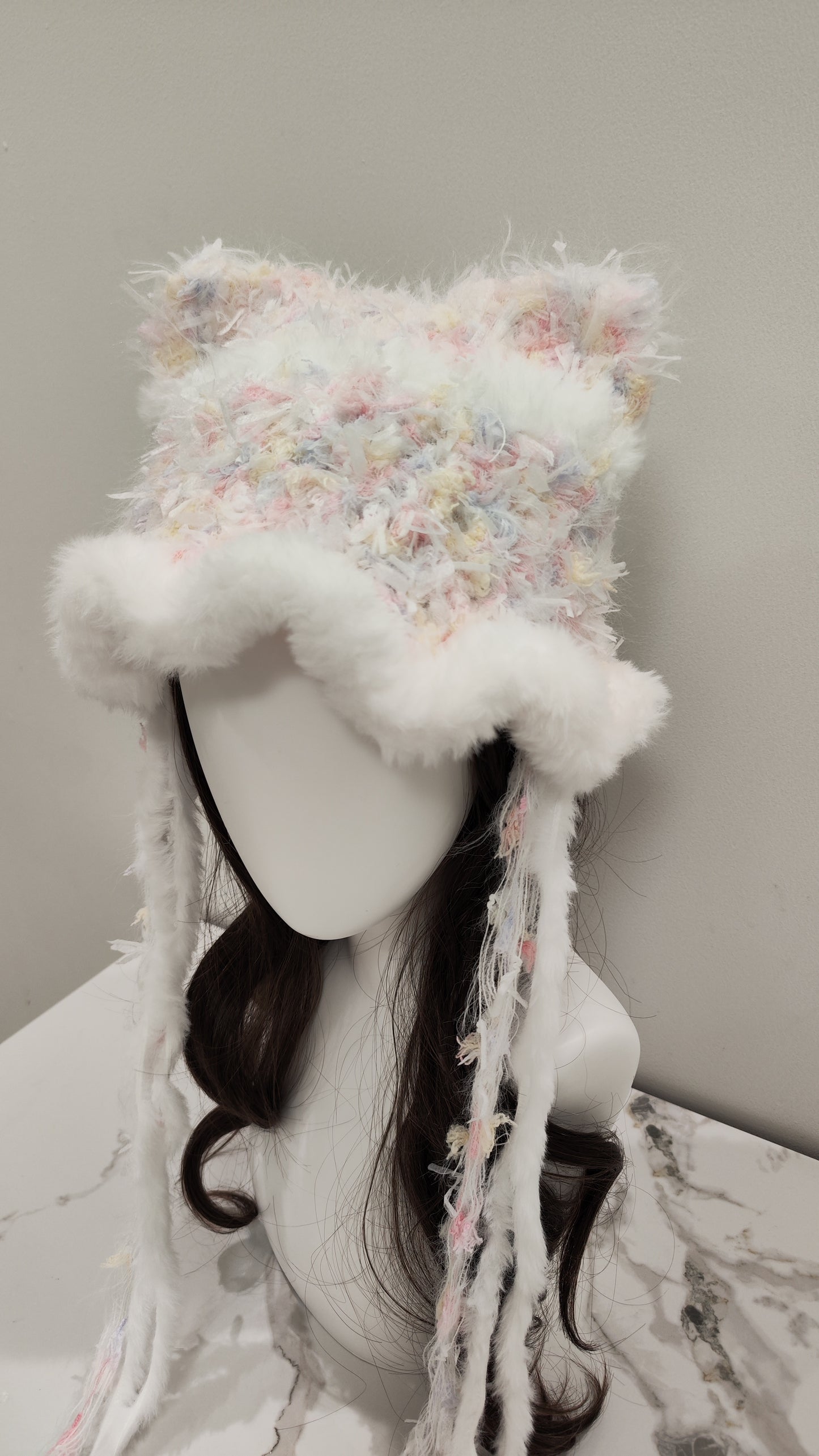 “Petal Whisper” Cat Ear Jellyfish Hat – White with Subtle Floral Mixed Yarn Beanie