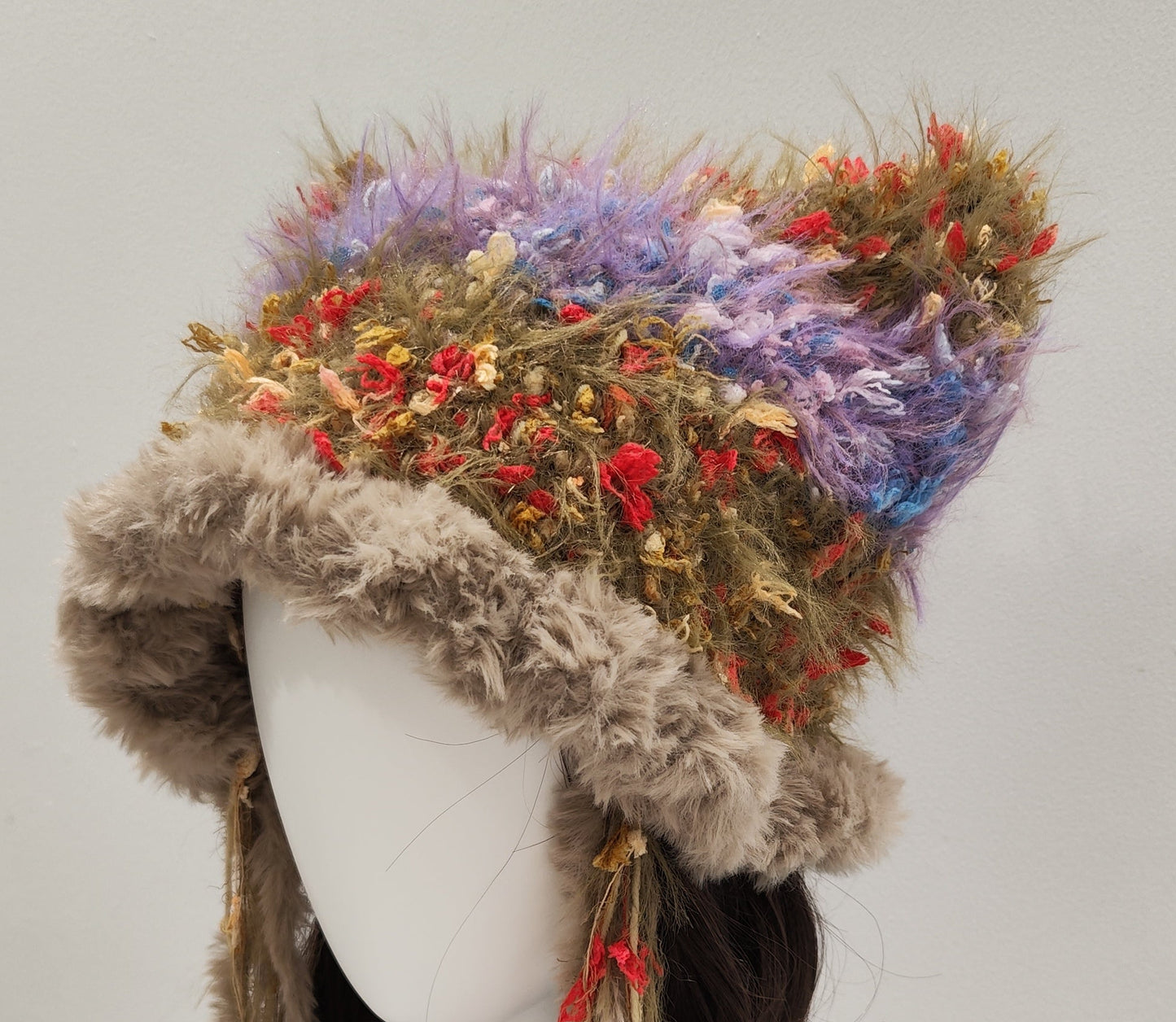 “Song of Freedom” Cat Ear Jellyfish Hat – Light Purple & Brown Mixed Yarn Beanie