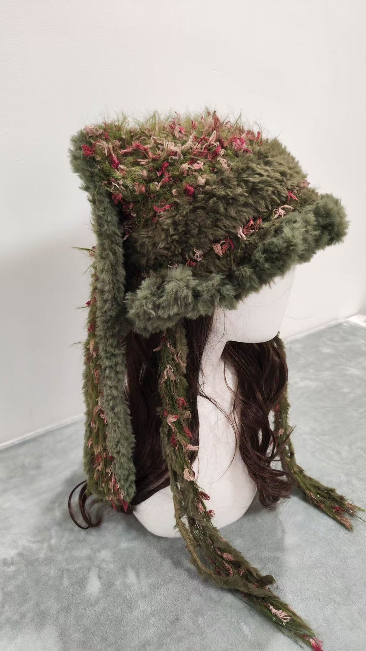 Mossy Brown Bunny Ear Beanie – Handmade Mixed Yarn Crochet Hat