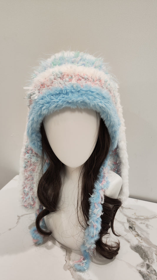 “Baby Bunny” Long-Ear Handmade Mixed Yarn Hat – Baby Blue Beanie
