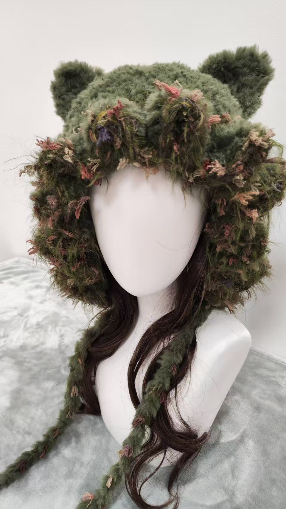 Moss Green Mixed Yarn Cat Ear Beanie – Handmade Crochet Knit Hat