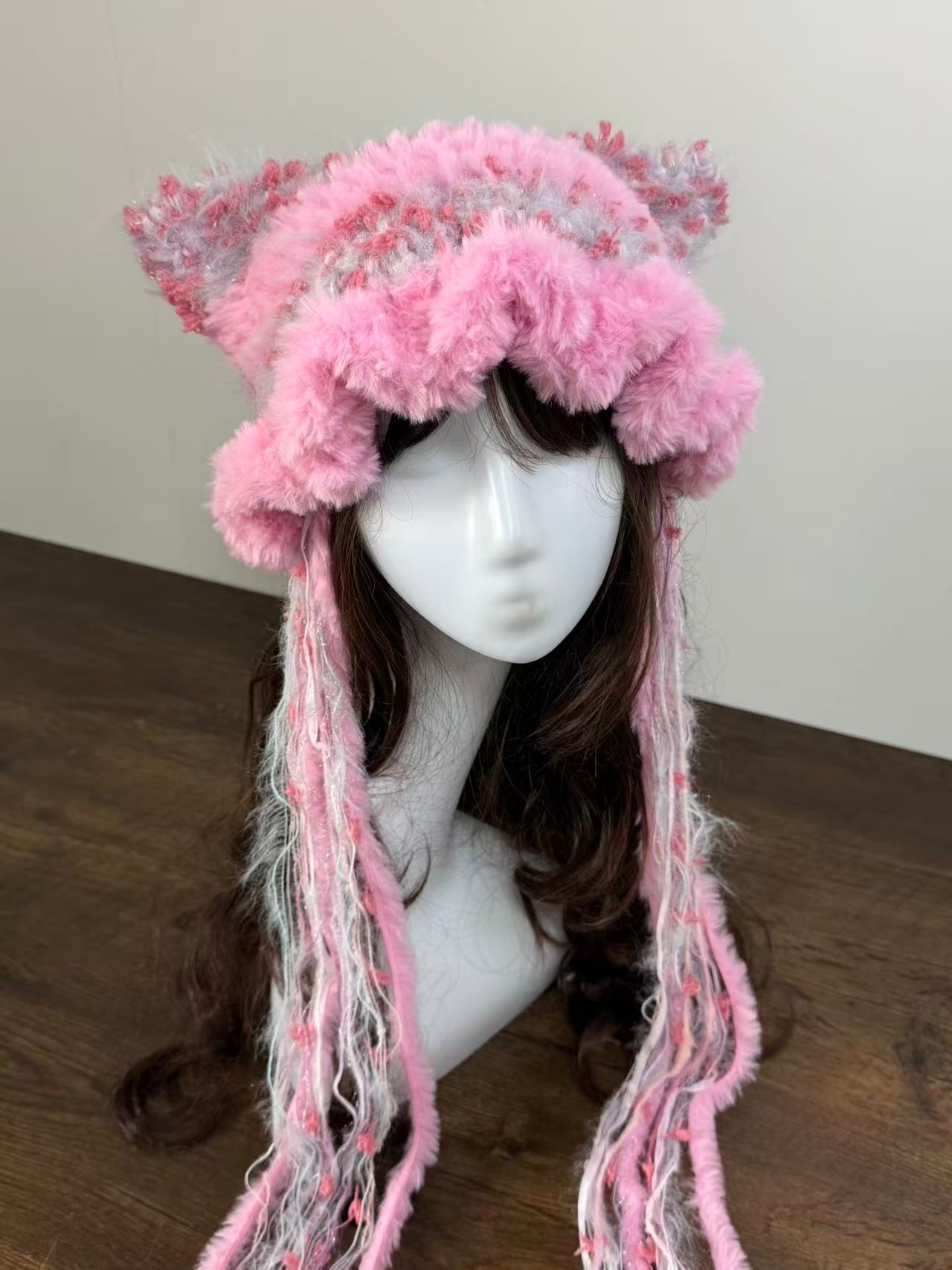 Pink Mixed Yarn Cat Ear Jellyfish Hat – Handmade Crochet Beanie