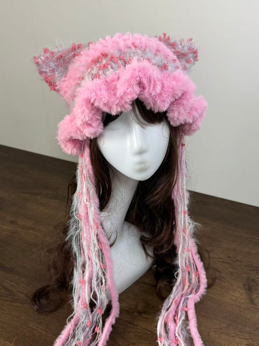 Pink Mixed Yarn Cat Ear Jellyfish Hat – Handmade Crochet Beanie
