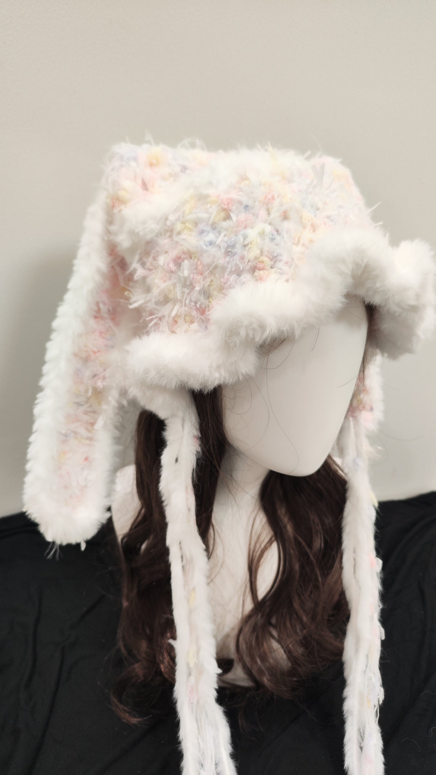 “Snow Bunny” Handmade White Ruffled Bunny Ear Hat
