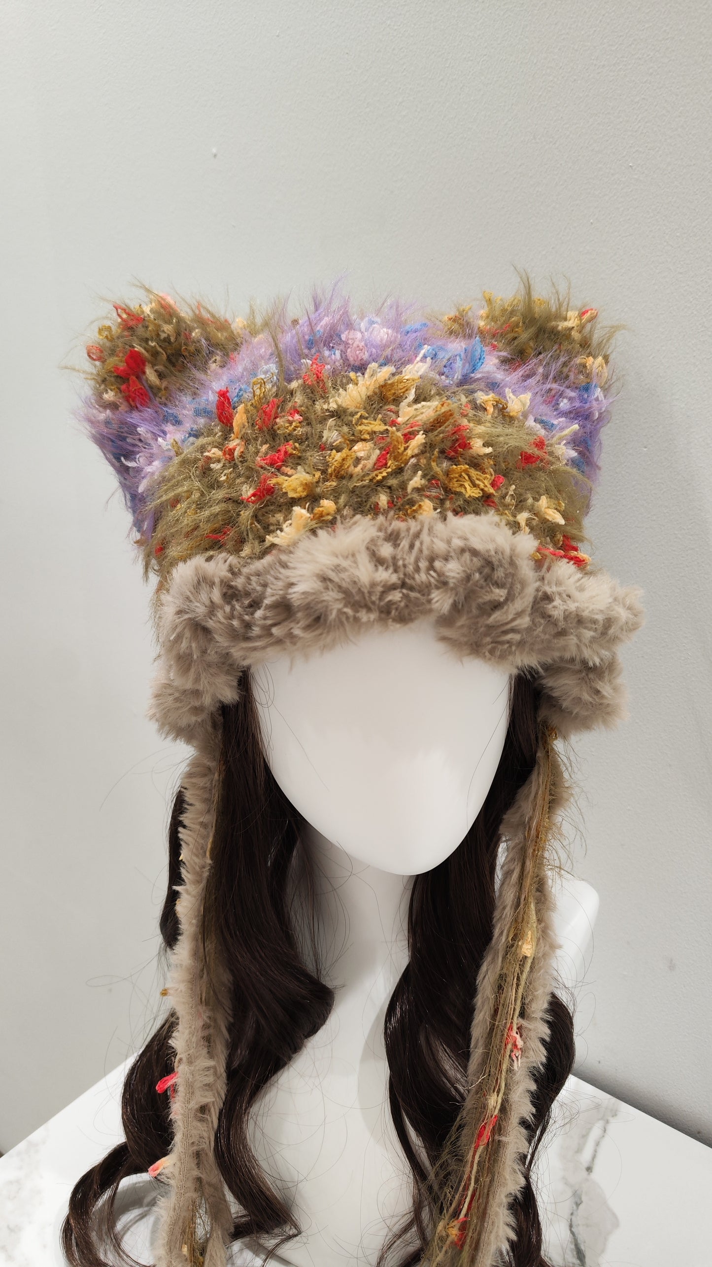 “Song of Freedom” Cat Ear Jellyfish Hat – Light Purple & Brown Mixed Yarn Beanie