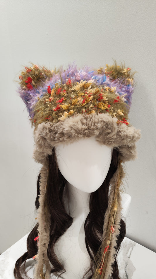 “Song of Freedom” Cat Ear Jellyfish Hat – Light Purple & Brown Mixed Yarn Beanie
