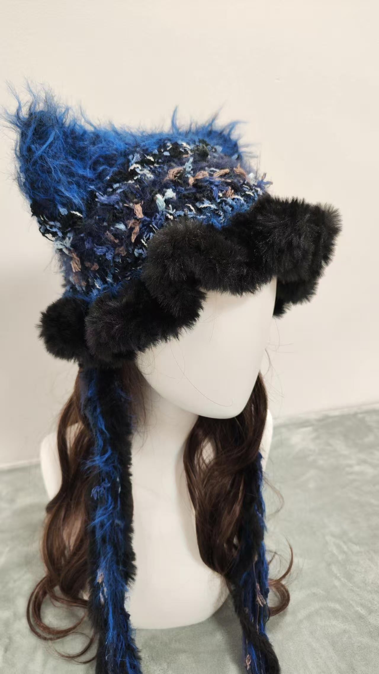 Blue Flame Cat Ear Jellyfish Hat – Handmade Fluffy Crochet Beanie with Black Ruffle Edge