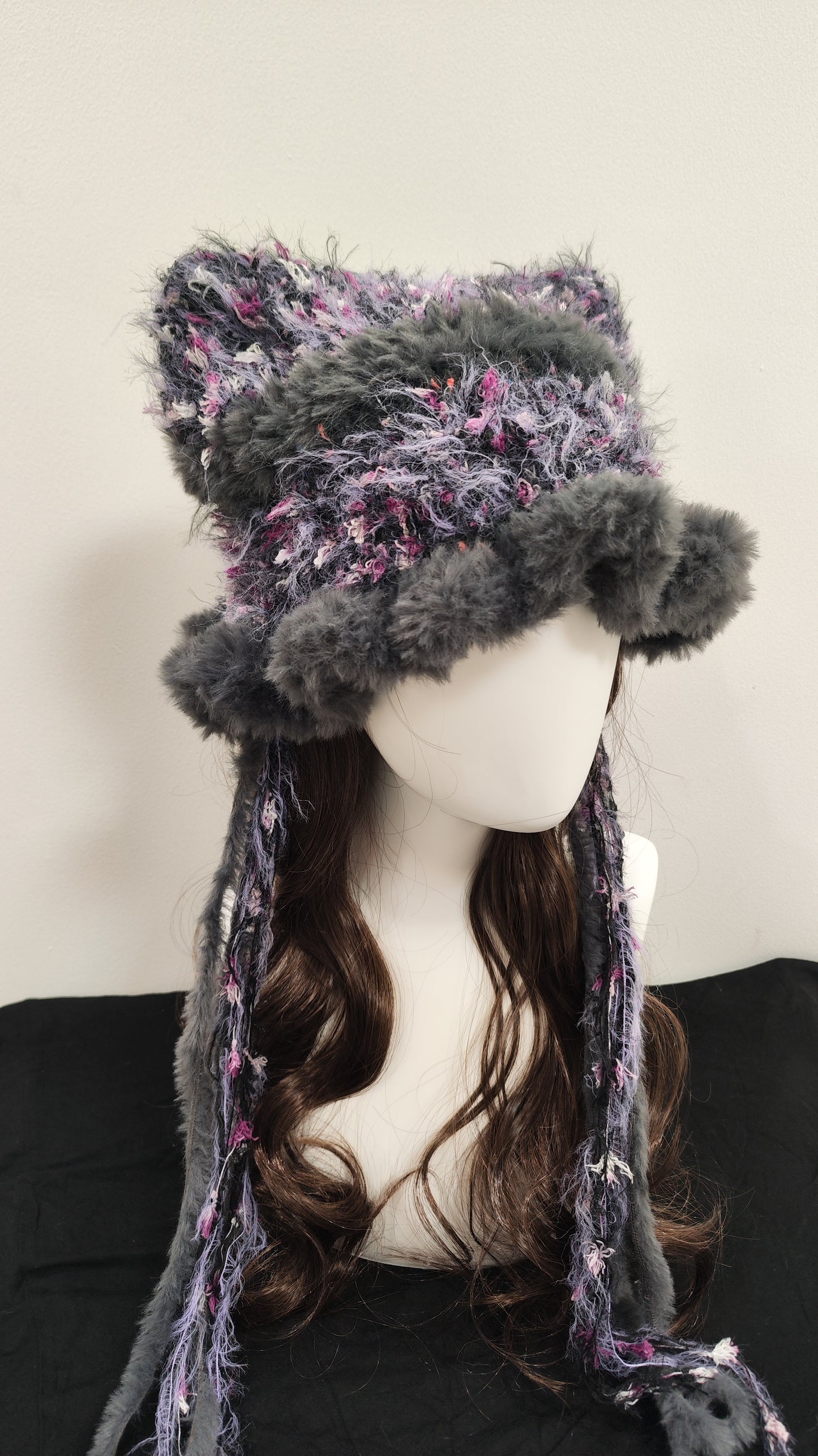 “Twilight Mist” Cat Ear Jellyfish Hat – Purple & Gray Mixed Yarn Beanie