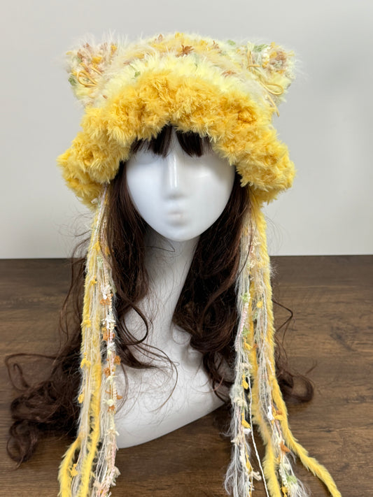 Egg Yolk Cat Ear Jellyfish Hat – Handmade Fluffy Yellow Beanie