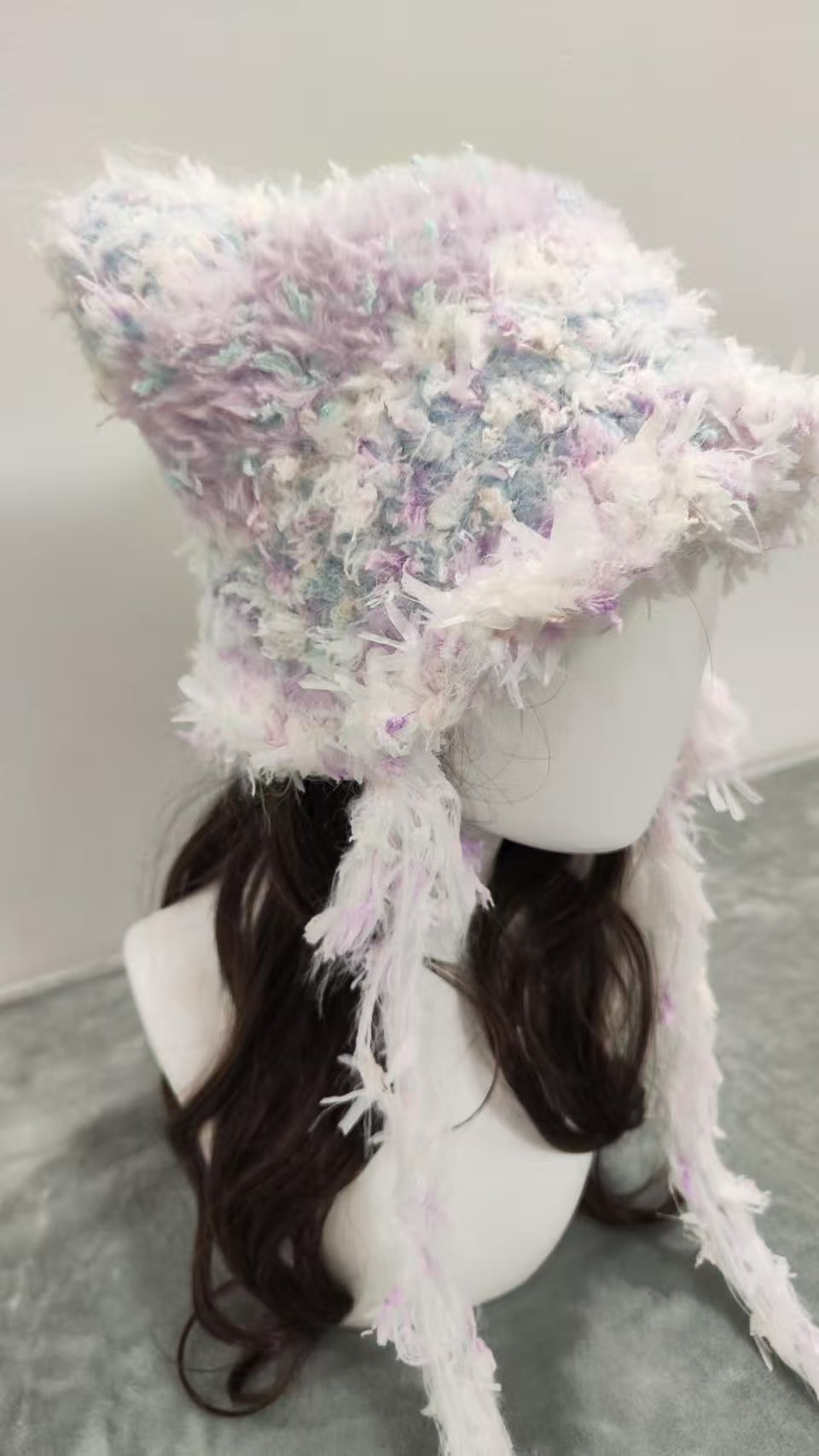 Snow Fairy Cat Ear Jellyfish Hat – Handmade Fluffy Mixed Yarn Beanie