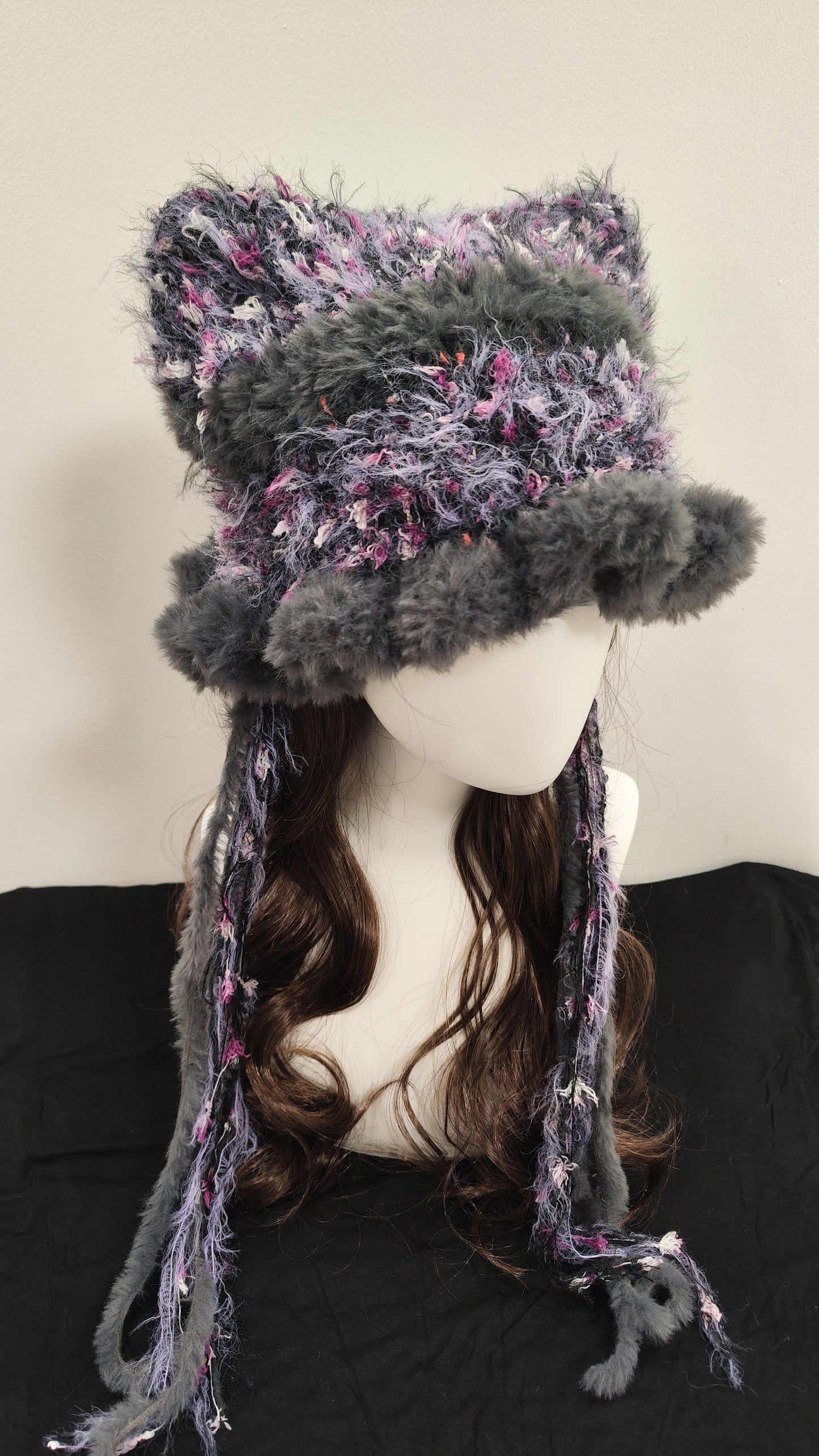 “Twilight Mist” Cat Ear Jellyfish Hat – Purple & Gray Mixed Yarn Beanie