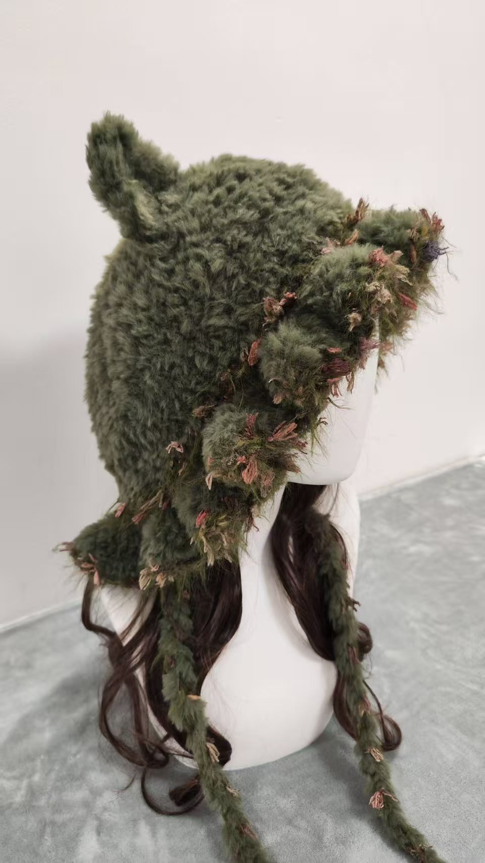 Moss Green Mixed Yarn Cat Ear Beanie – Handmade Crochet Knit Hat