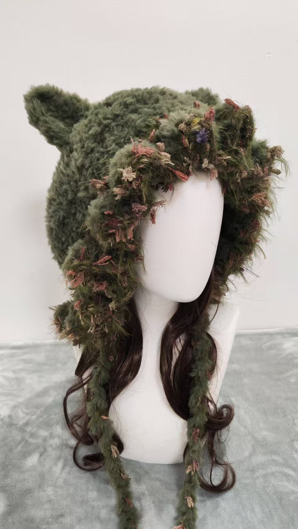 Moss Green Mixed Yarn Cat Ear Beanie – Handmade Crochet Knit Hat