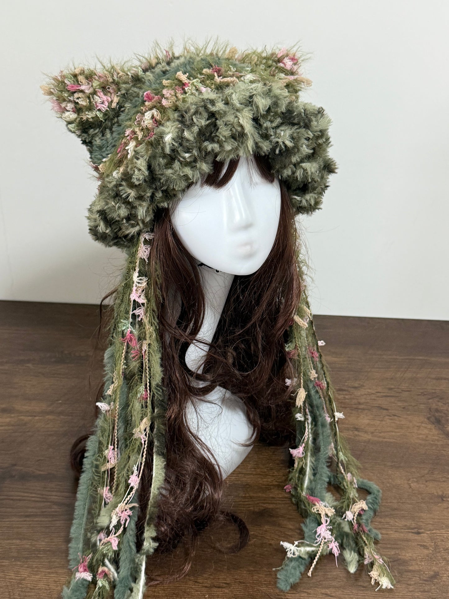 Emerald Forest Cat Ear Jellyfish Hat – Handmade Fluffy Green Beanie