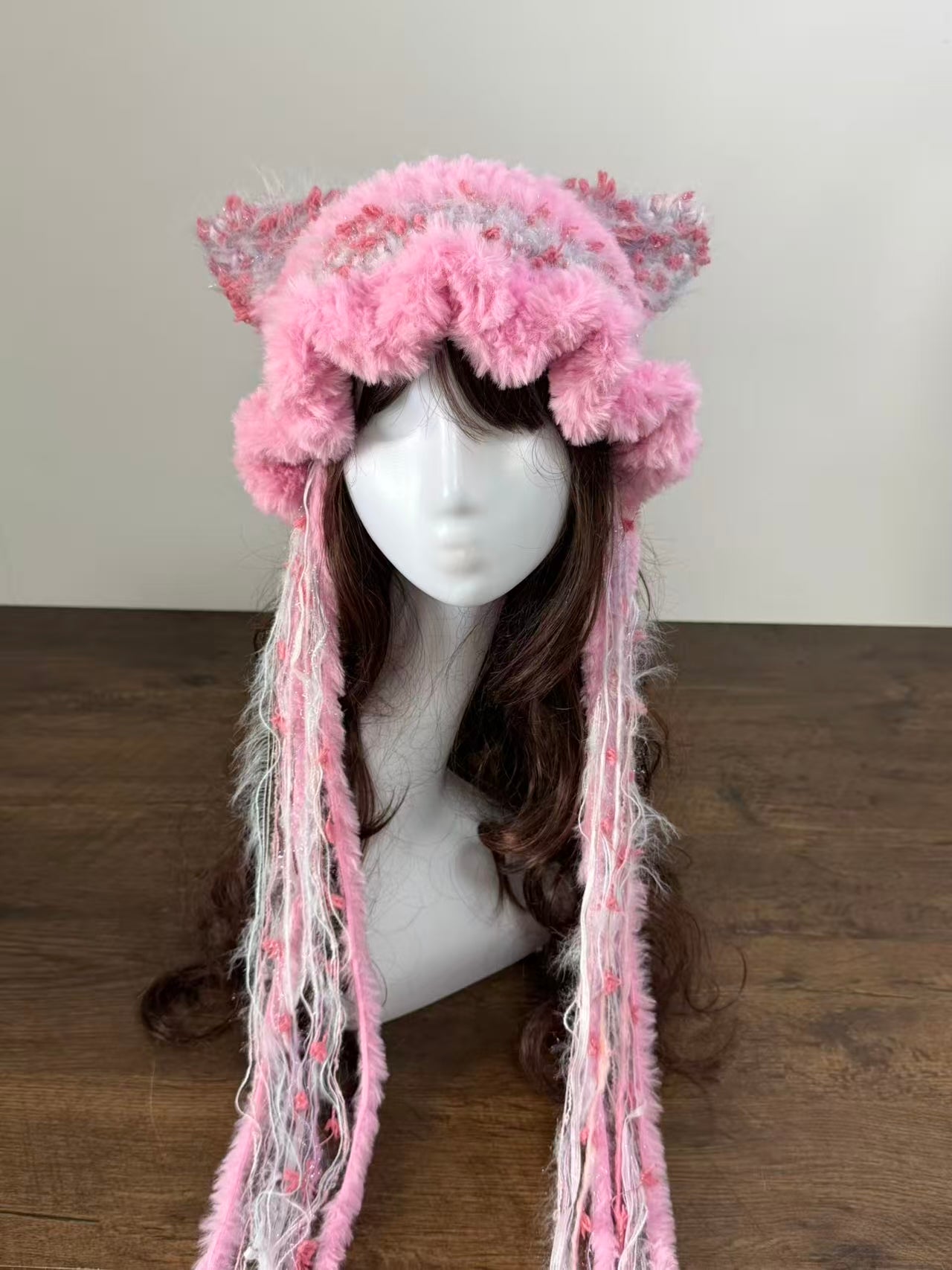 Pink Mixed Yarn Cat Ear Jellyfish Hat – Handmade Crochet Beanie