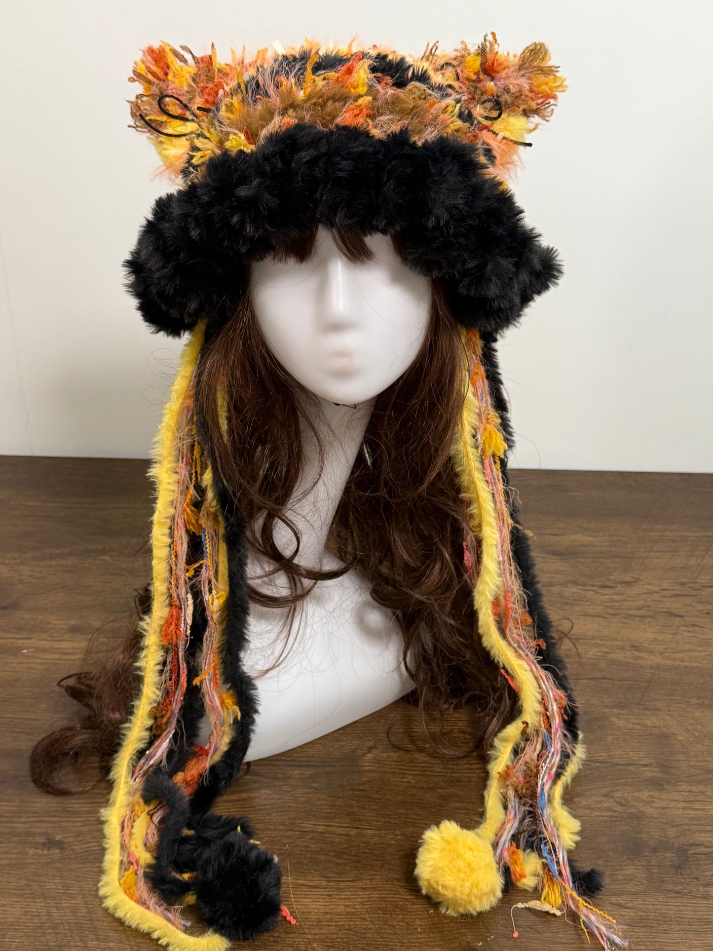 Yellow Black Cat Ear Jellyfish Hat with Pom Poms – Handmade Fluffy Crochet Beanie