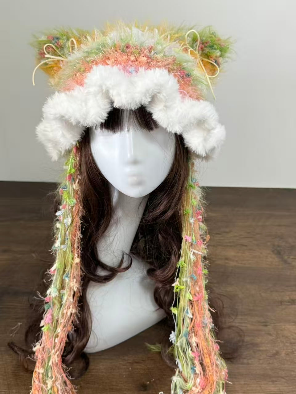 Watermelon Soda Cat Ear Jellyfish Hat – Handmade Fluffy Mixed Yarn Beanie