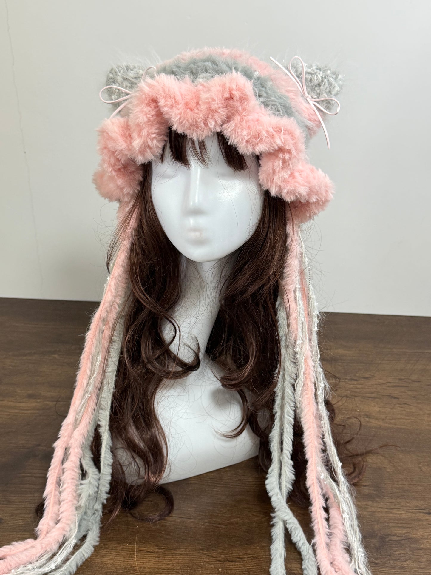 Light Gray and Blush Pink Cat Ear Jellyfish Hat – Handmade Fluffy Beanie