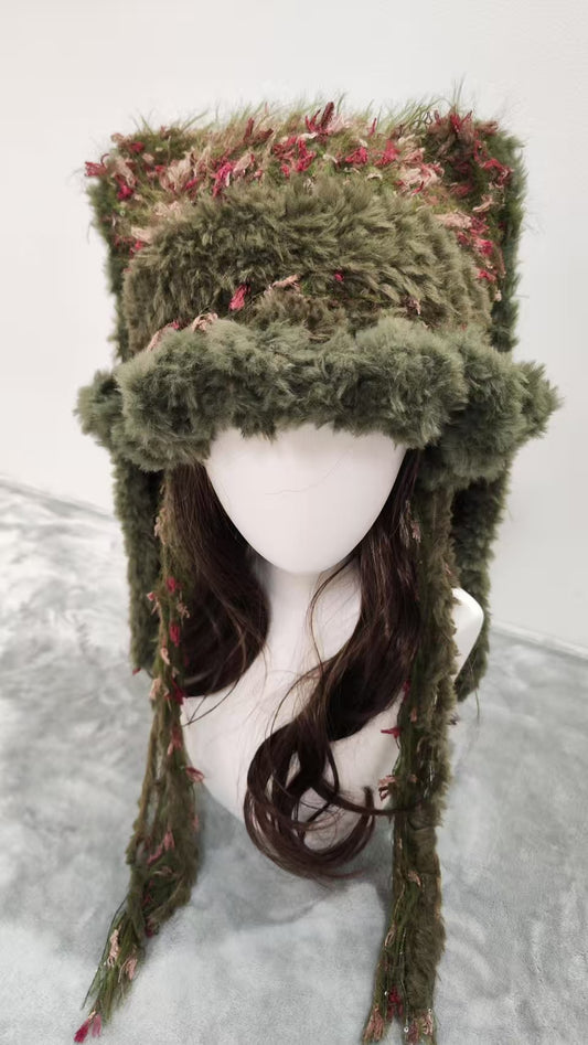 Mossy Brown Bunny Ear Beanie – Handmade Mixed Yarn Crochet Hat
