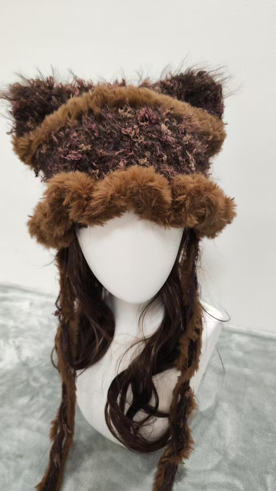 Caramel Latte Brown Cat Ear Jellyfish Hat – Handmade Mixed Yarn Crochet Beanie