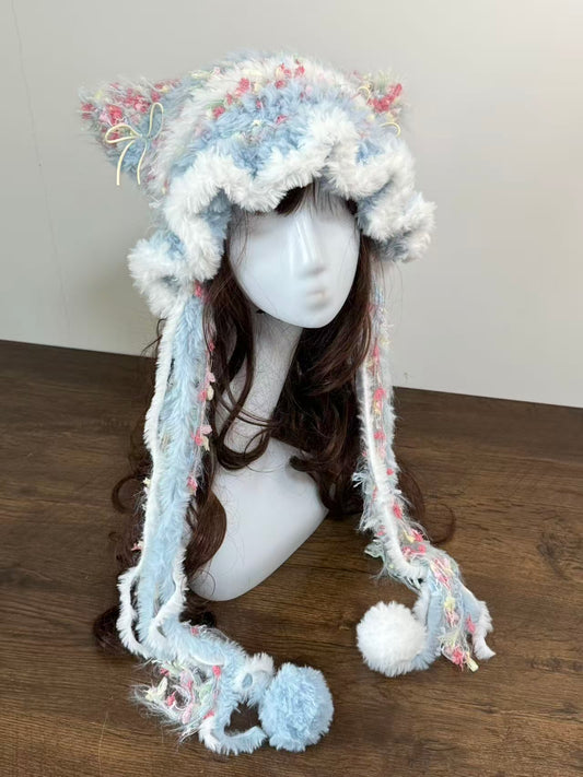 Blue and White Cat Ear Jellyfish Hat with Pom Poms – Handmade Fluffy Winter Beanie